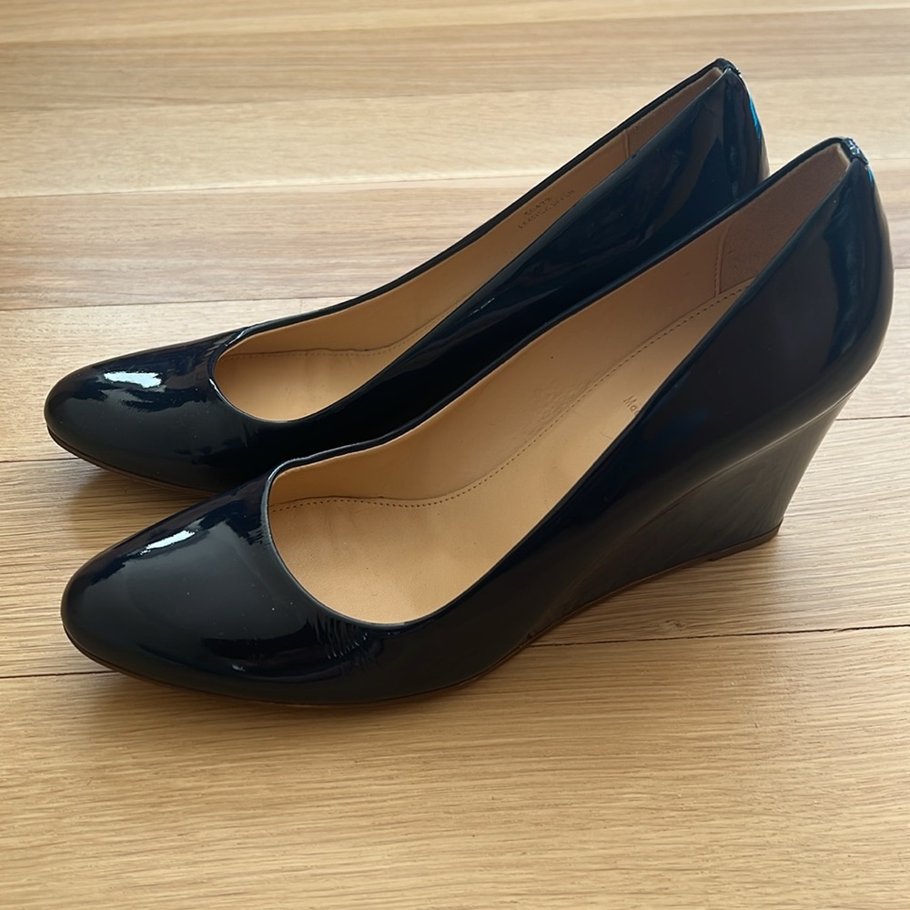 J. Crew Black Patent Leather Wedges, Like New